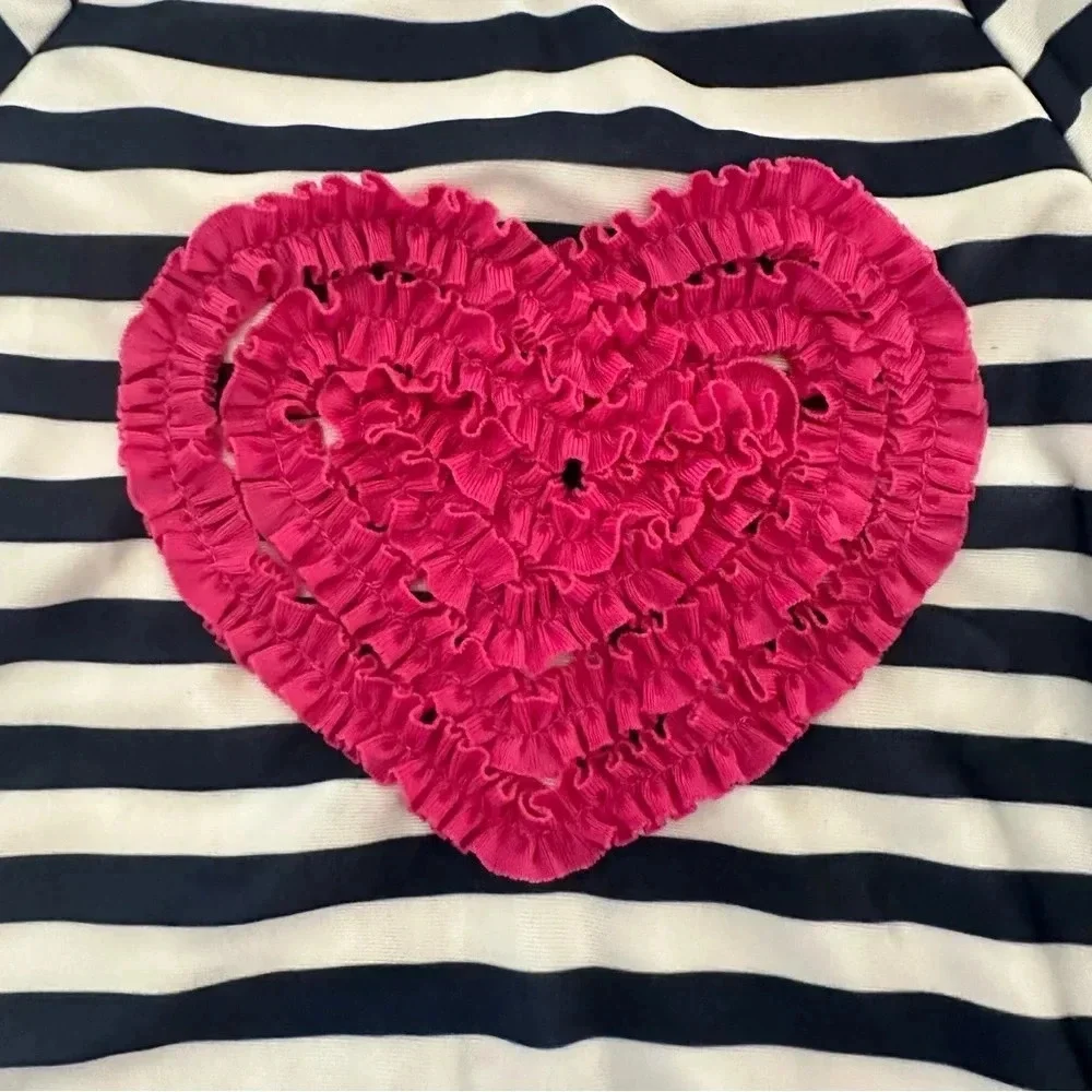 Crazy 8 Girl Toddler Short Sleeve Navy & White Stripe with Pink Heart Sz 4T GUC